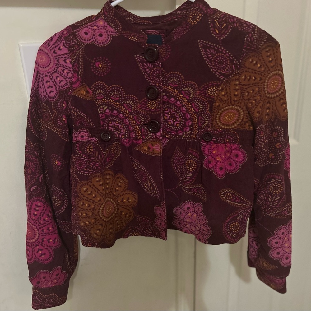 GapKids Vintage-Inspired Boho Floral Cropped Jacket – Burgundy, Pink, & Mustard